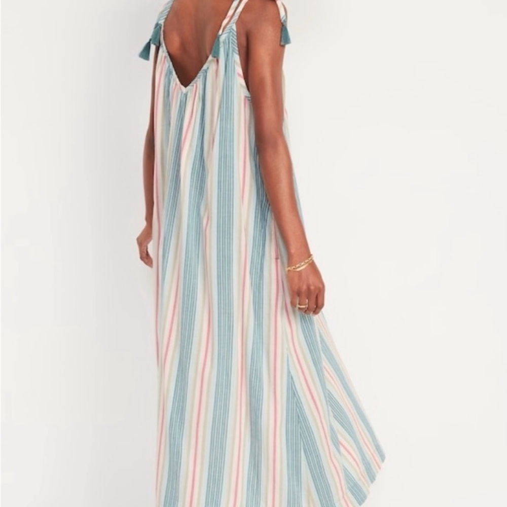 Old Navy Striped Maxi Swing Spring Summer Wedding Dress Tie Beach L - Picture 4 of 8